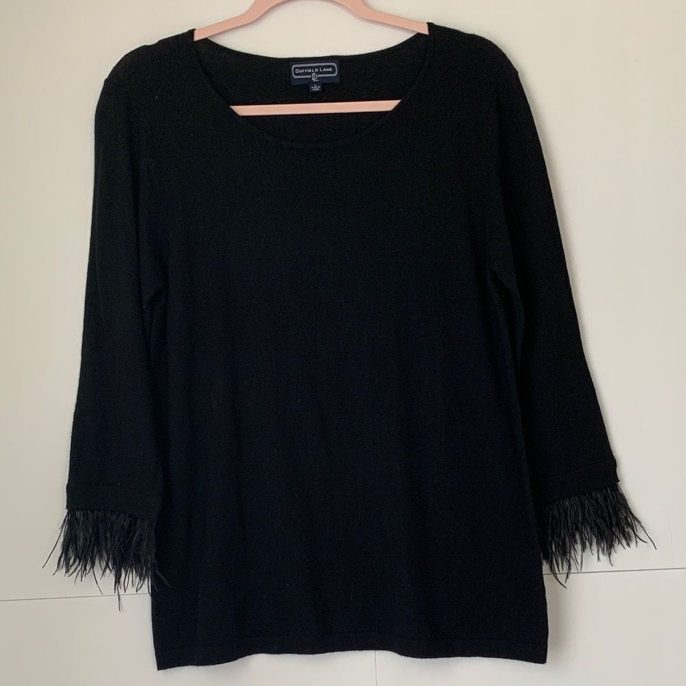 Duffield Lane Elegant Cashmere Blend Black Feather Long Sleeve Top Tunic Size L